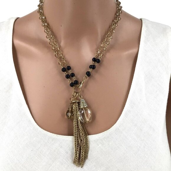 Beaded Tassel Necklace Two Options 18 or 36 Inch Length Rhinestone Accent - Picture 1 of 4